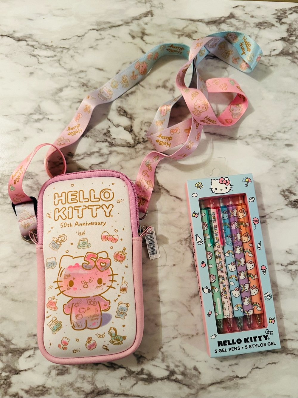 NWT Hello Kitty Pink 50th Anniversary Kids Crossbody Bag with Gel Pen Set